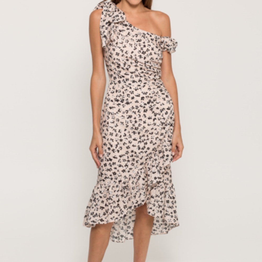 Ulla Johnson One-Shoulder Cream and Black Floral Midi Dress